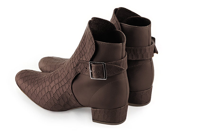 Dark brown women's ankle boots with buckles at the back. Round toe. Low block heels. Rear view - Florence KOOIJMAN